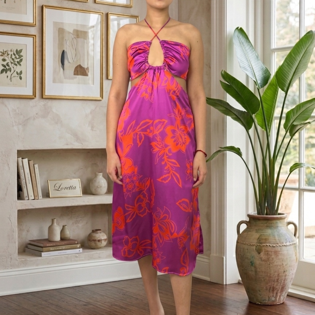 VESTIDO MAGENTA CUT OUT FLORES