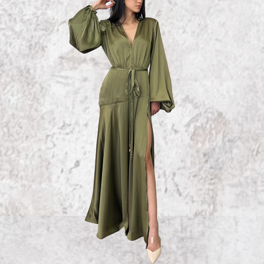 Vestido largo verde olivo satinado
