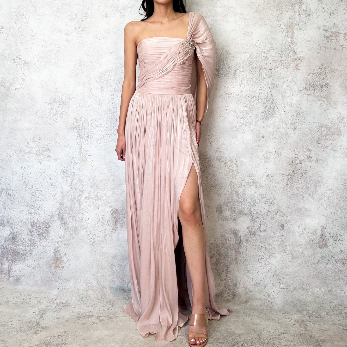 Vestido largo gasa brillosa rosa