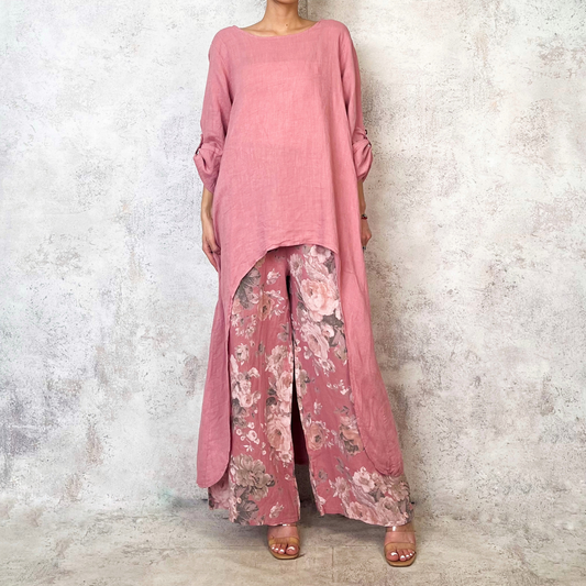 Set de lino estampado flores rosa