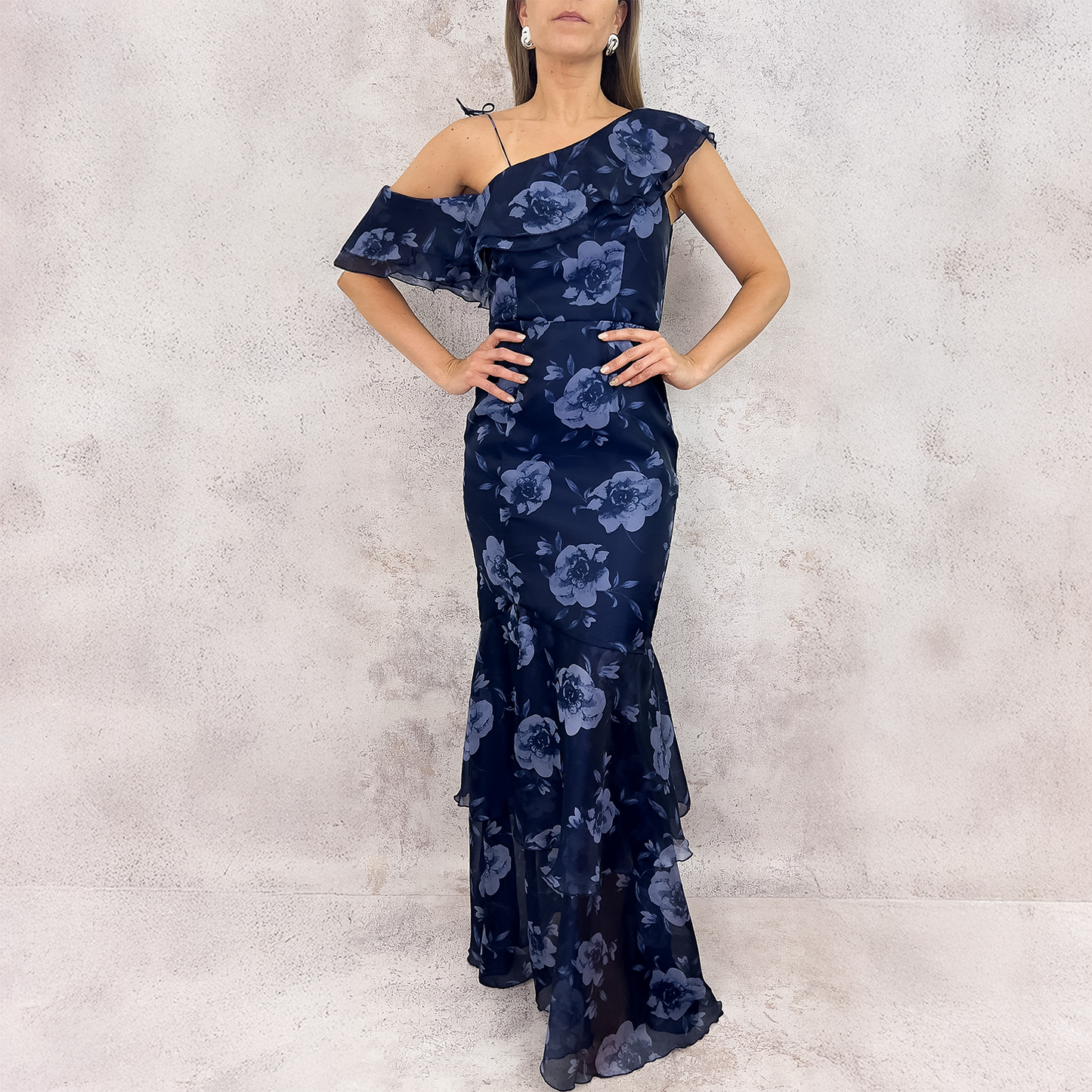 VESTIDO LARGO AZUL MARINO ESTAMPADO FLORES