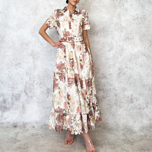 Vestido midi estampado flores cafe