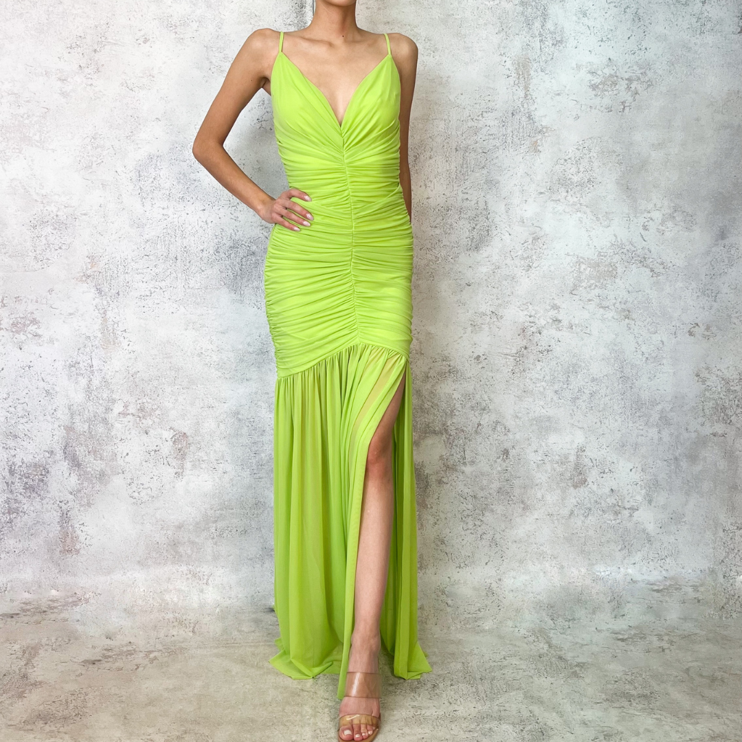 Vestido largo de mesh verde neon