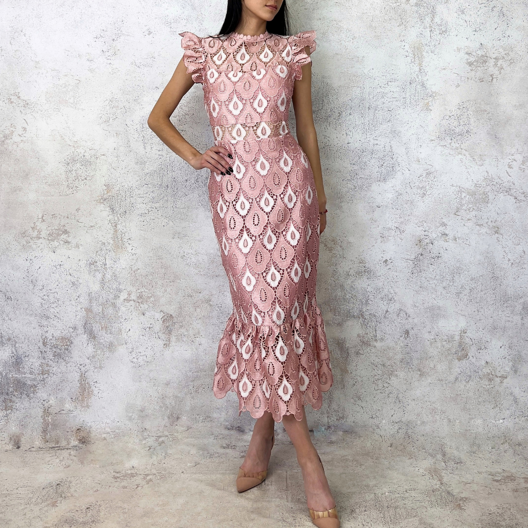Vestido rosa de guipiur estampado beige