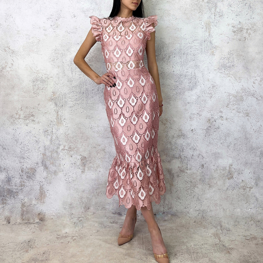 Vestido rosa de guipiur estampado beige