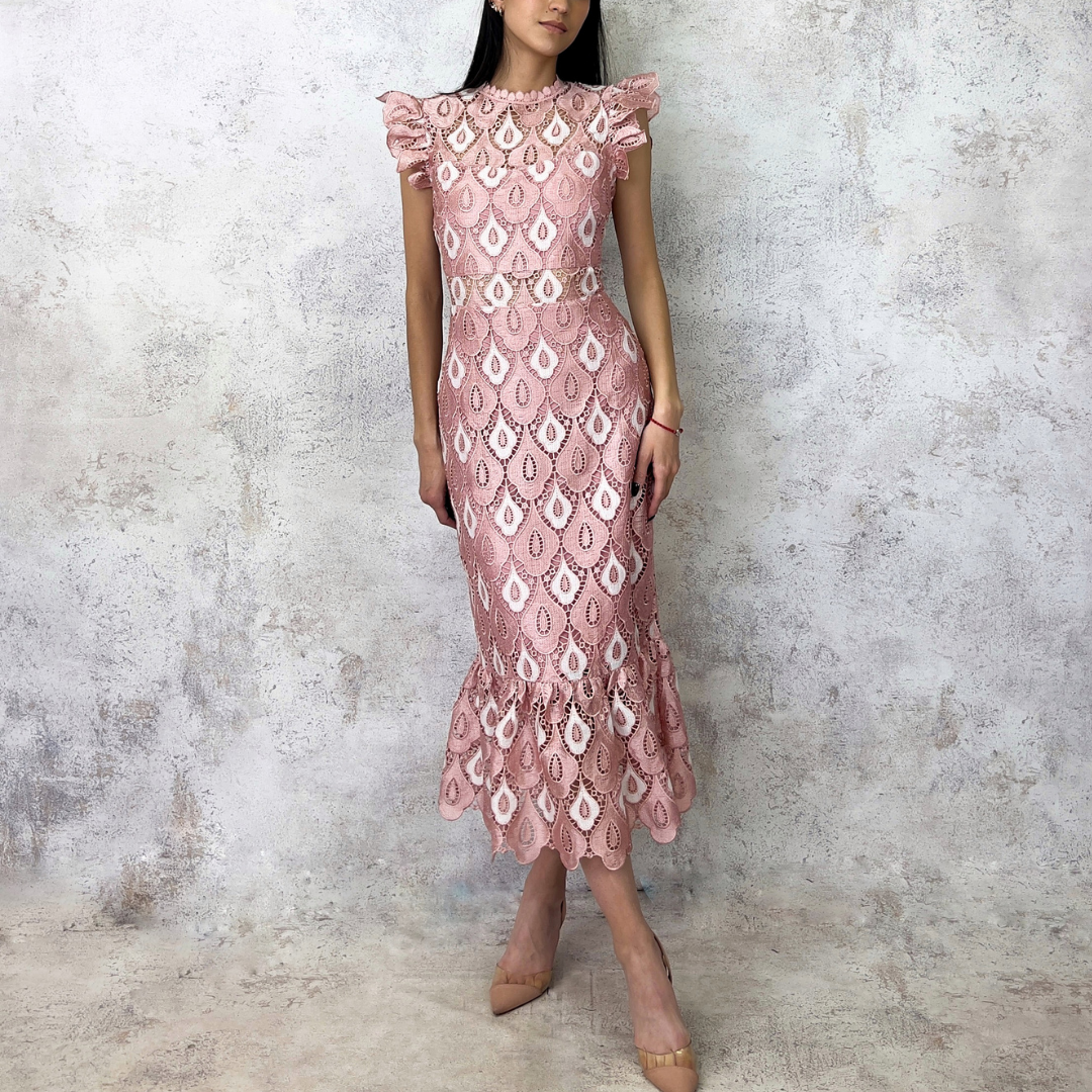 Vestido rosa de guipiur estampado beige