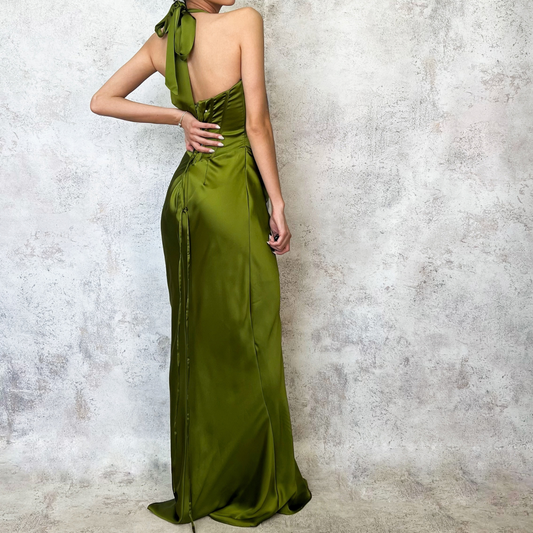 Vestido largo halter verde olivo