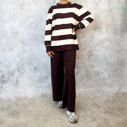Set de cardigan rayado beige/cafe