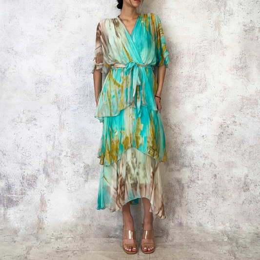 Vestido de seda italiana estampado tie dye verde