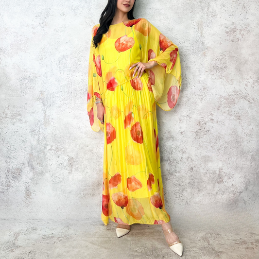 Vestido de seda amarillo floreado