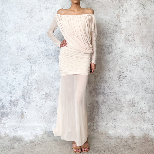 Vestido midi asimetrico de mesh ivory