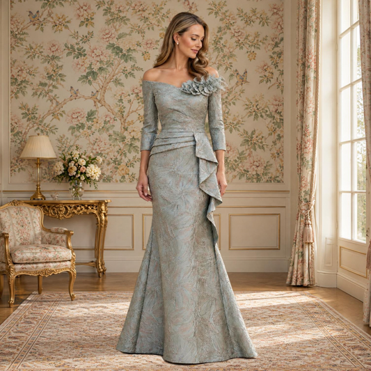 Vestido largo azul cielo floral con olanes
