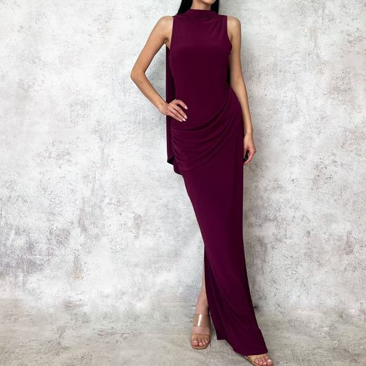 Vestido largo drapeado vino