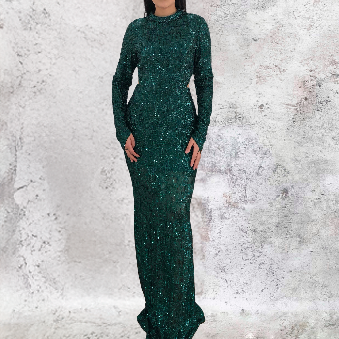 Vestido largo verde esmeralda con bordado lentejuelas
