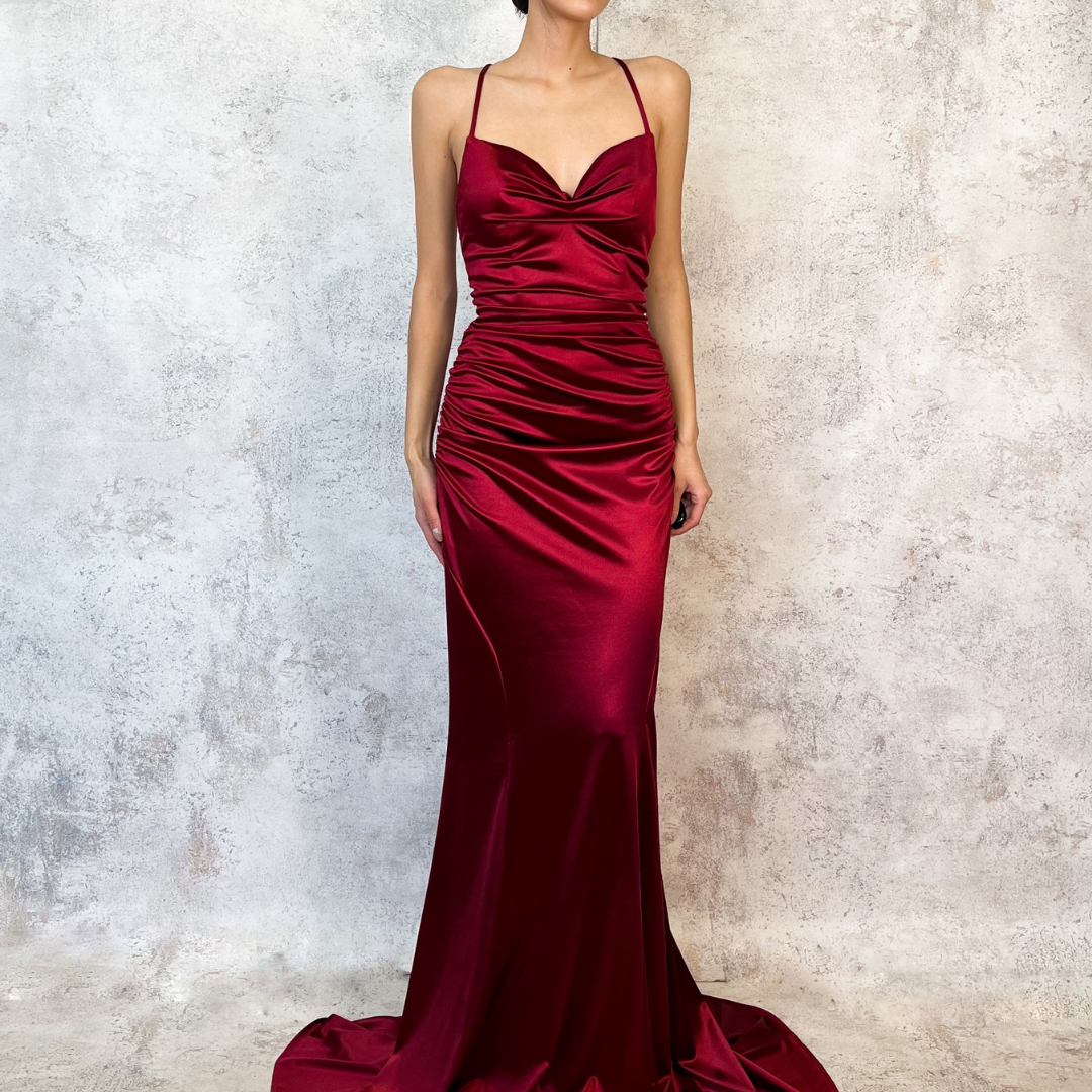 Vestido largo satinado burgundy