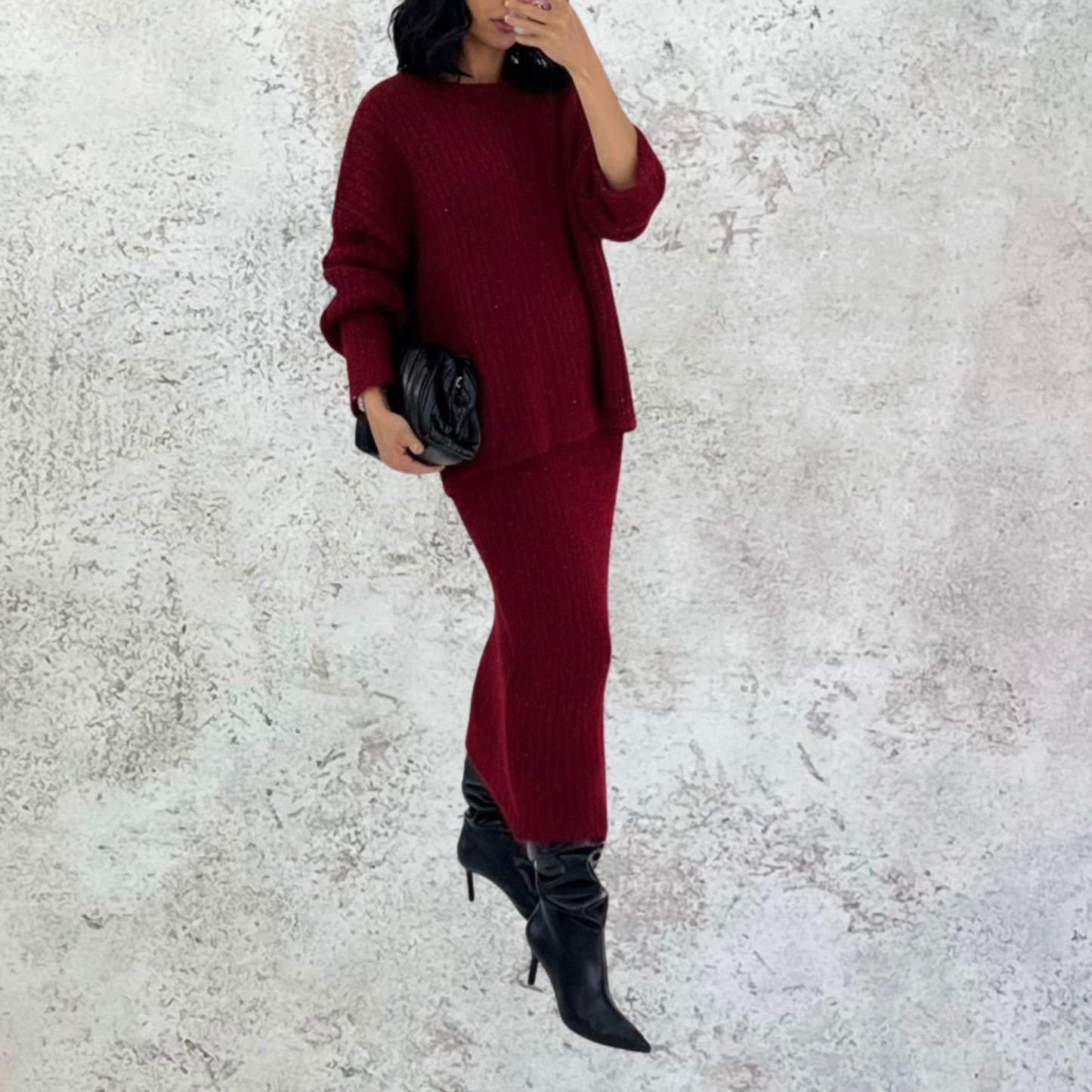 Set de falda y sueter en tejido vino