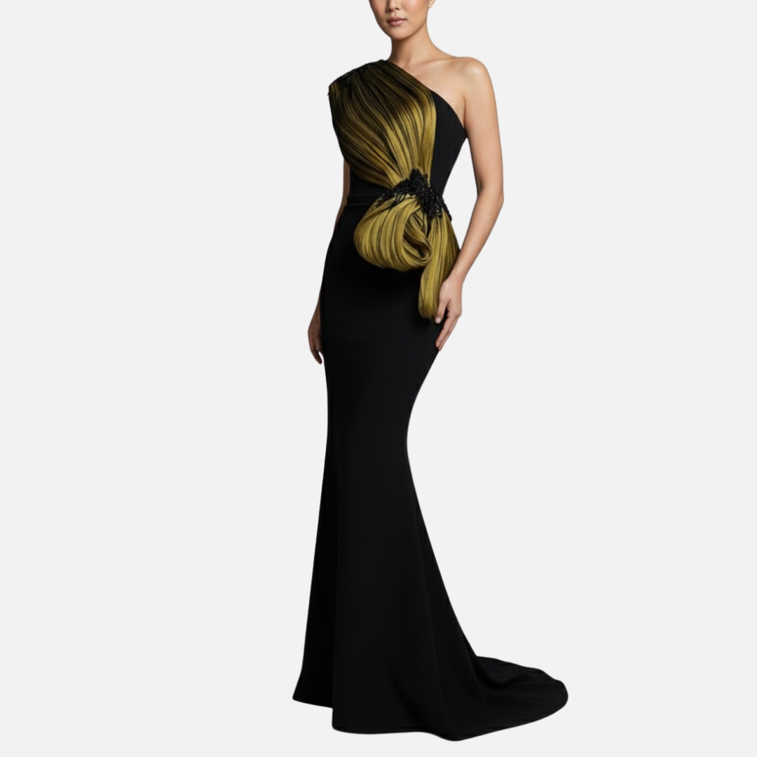 Vestido largo negro detalle moño verde