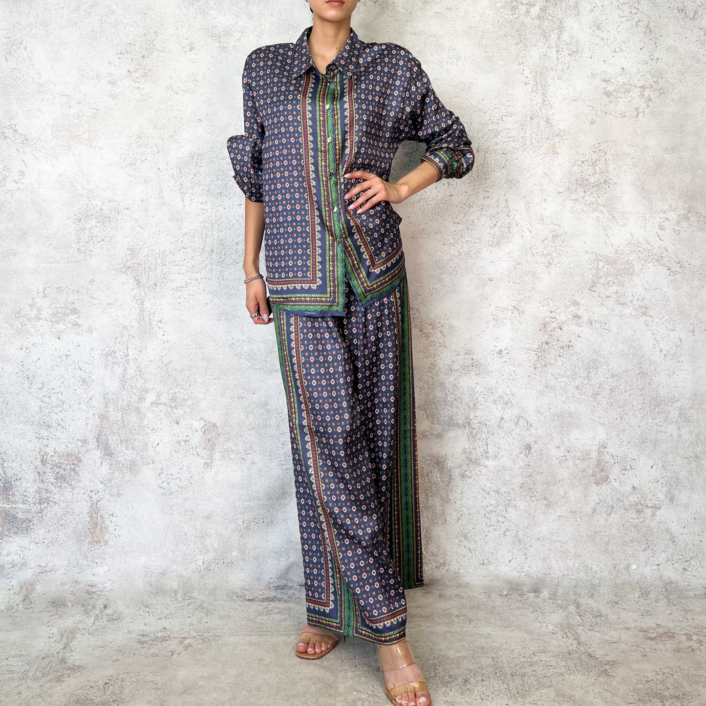 Conjunto satinado estampado azul