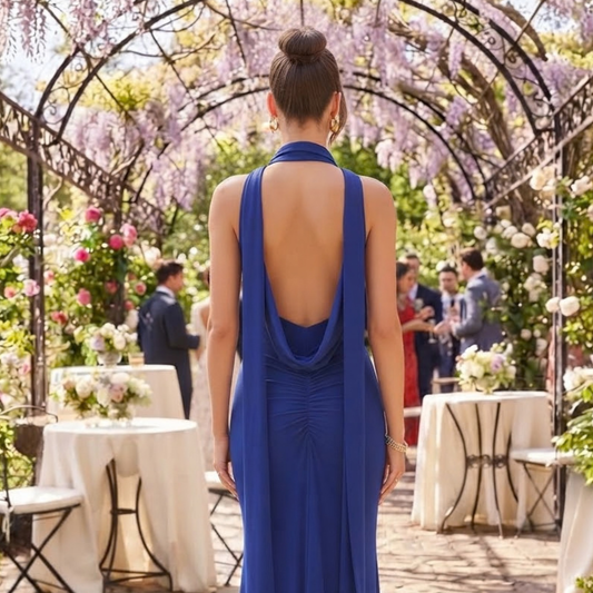 Vestido largo escote en espalda azul rey