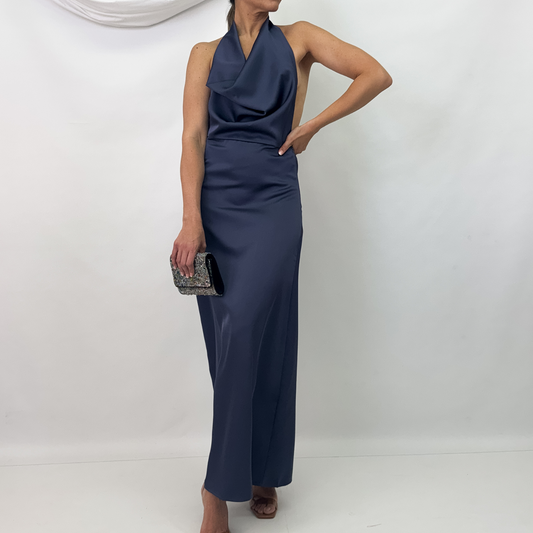 VESTIDO MIDI HALTER AZUL PLOMO