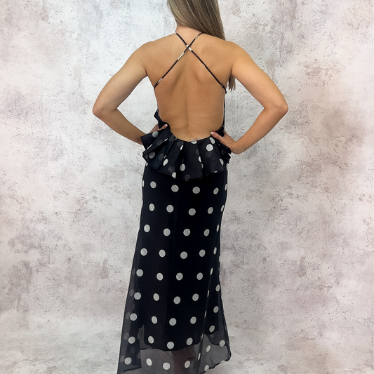 Vestido polkadots negro lunares blancos.