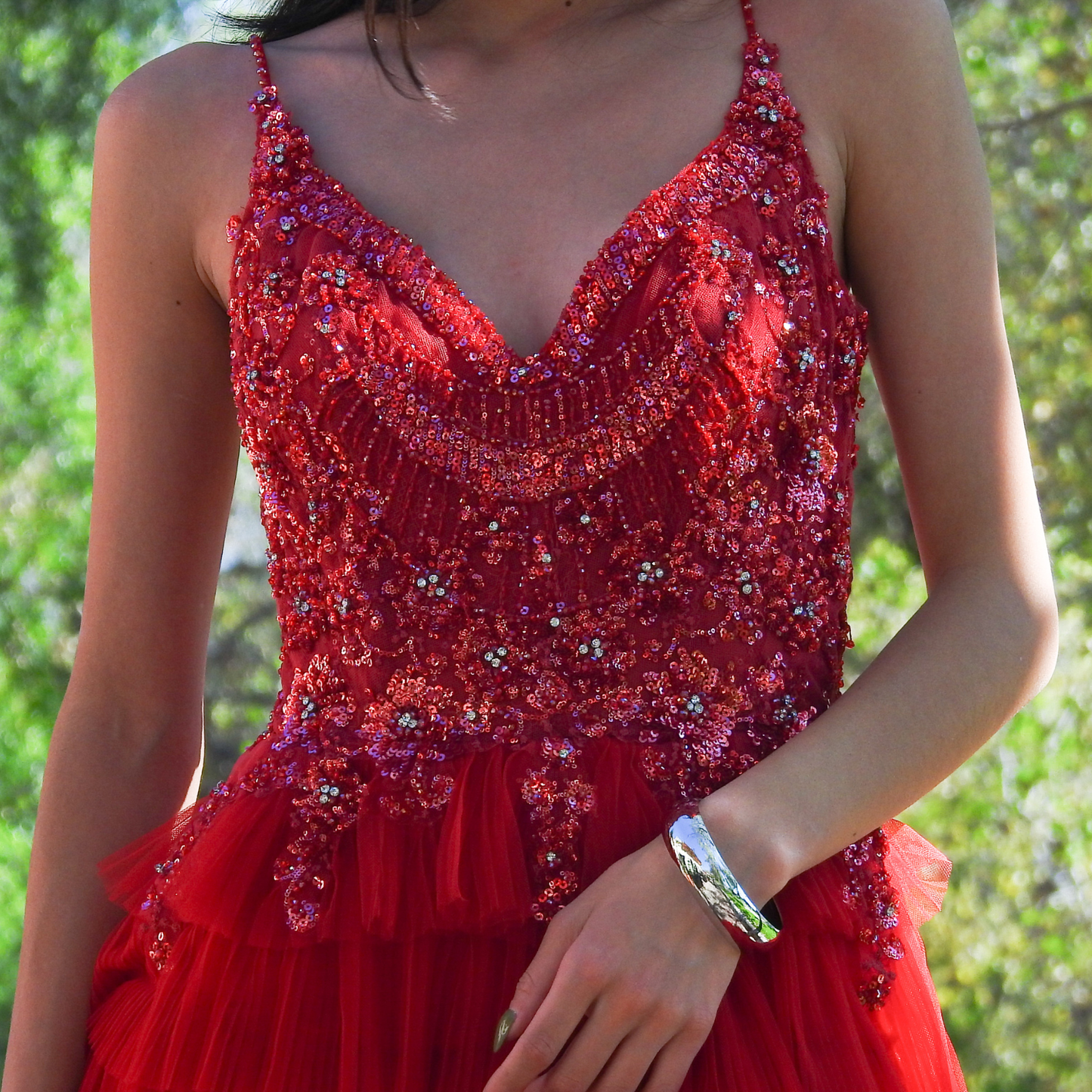 Vestido largo rojo capas en tul