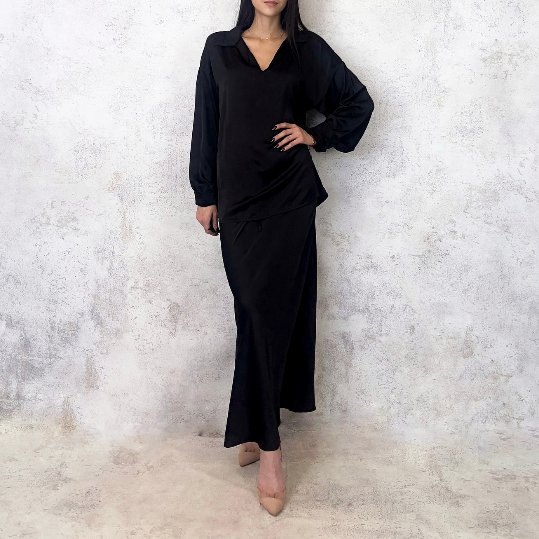 Conjunto de falda satinado negro