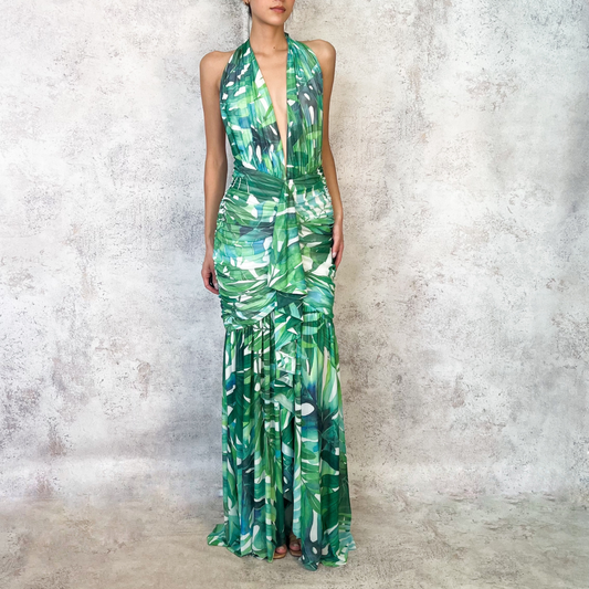 Vestido largo halter estampado hojas