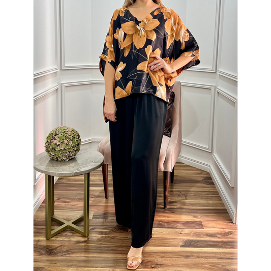 CONJUNTO DE SEDA SATINADO NEGRO/MOSTAZA