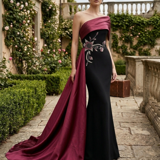 Vestido largo negro con detalles vino