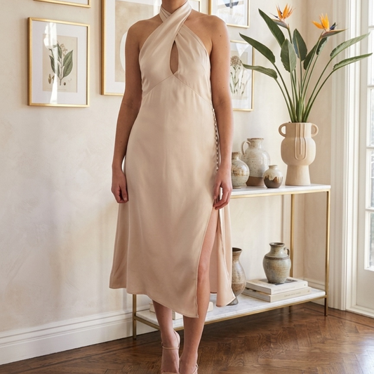 VESTIDO MIDI HALTER CHAMPAGNE