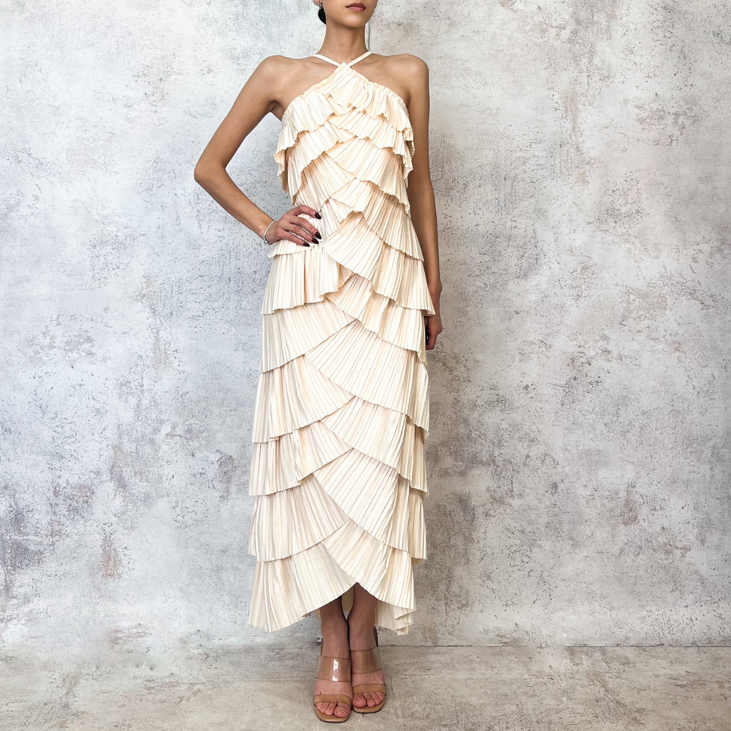Vestido midi beige abanico