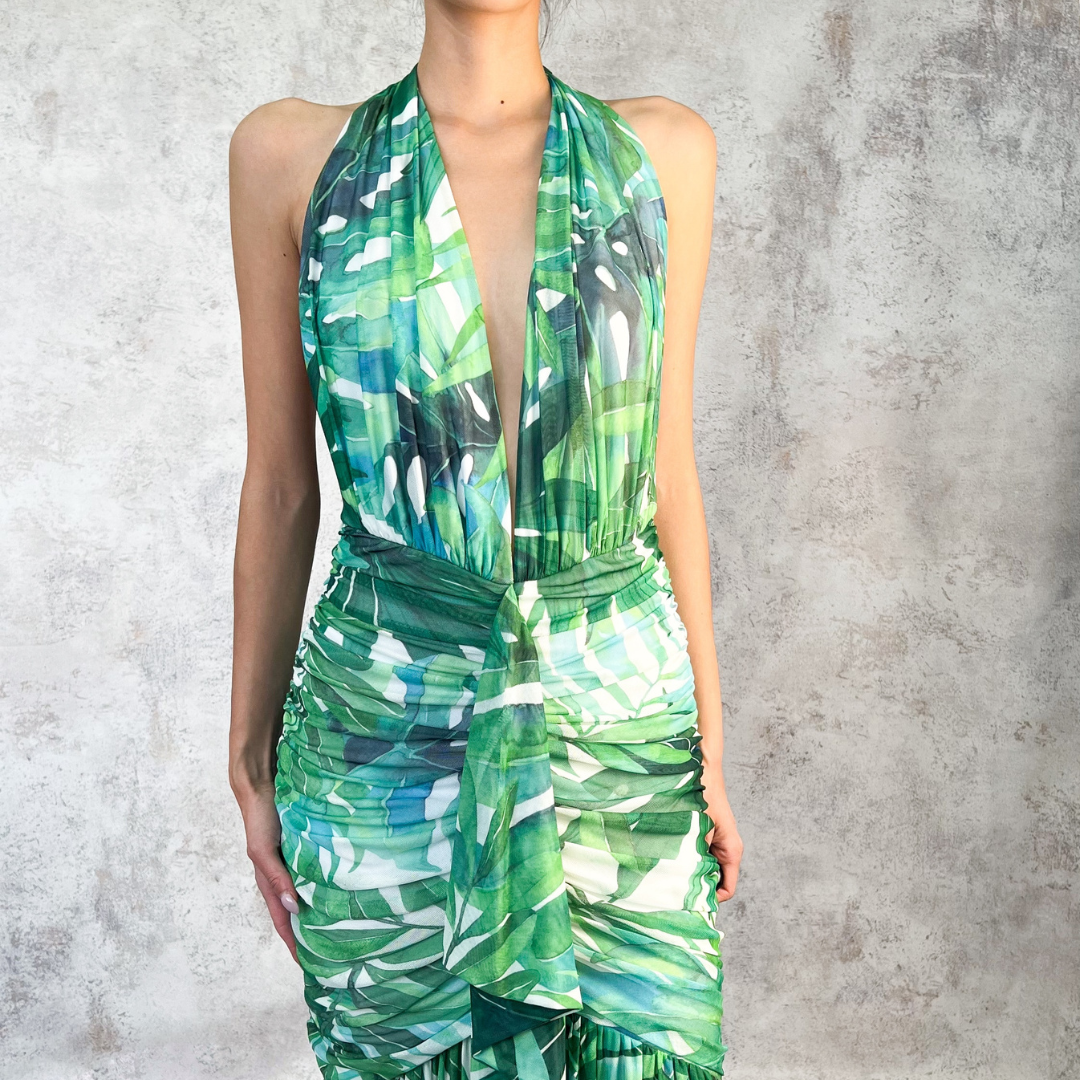 Vestido largo halter estampado hojas