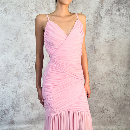 Vestido largo rosa palo de mesh