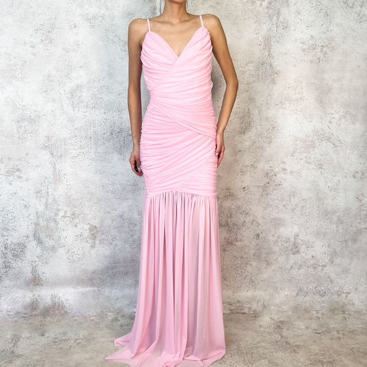 Vestido largo rosa palo de mesh