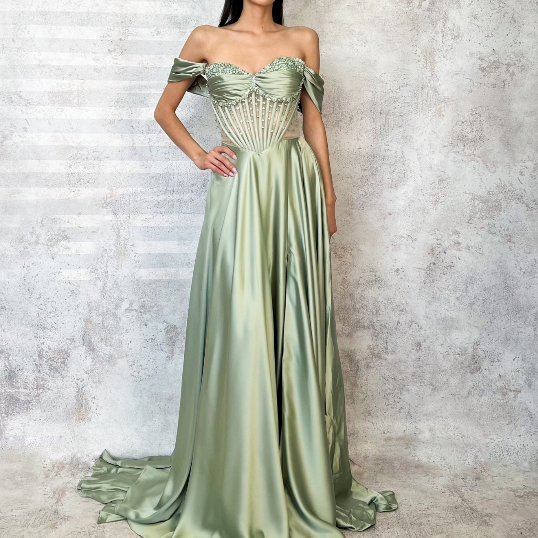 Vestido largo bordado en corset sage