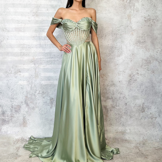 Vestido largo bordado en corset sage