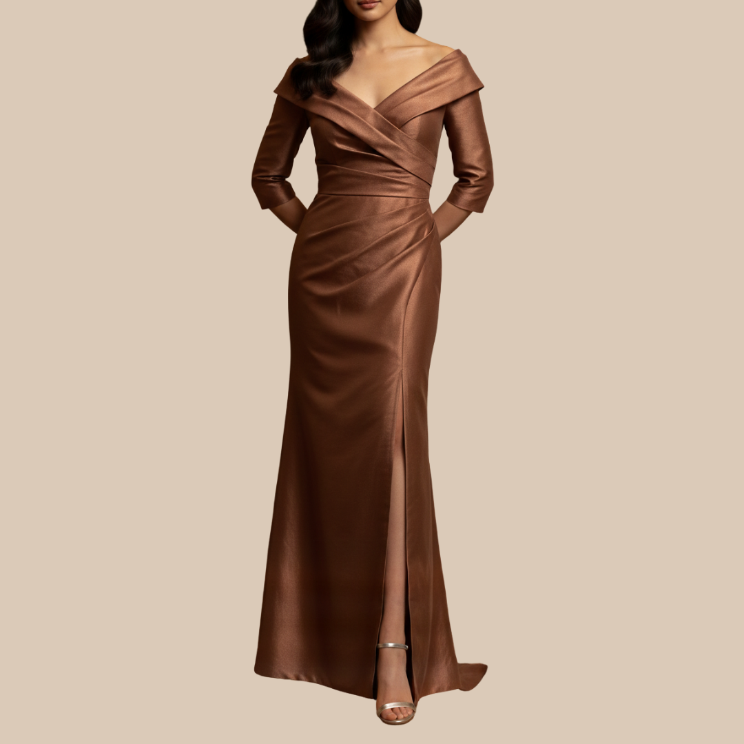 Vestido largo drapeado cobre