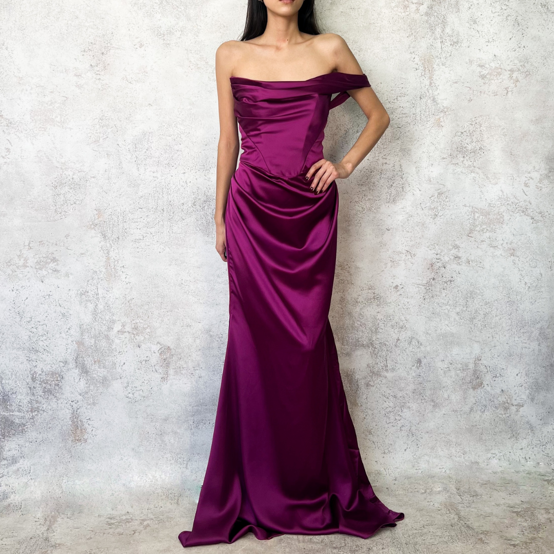 Vestido largo satin ciruela
