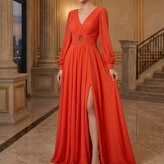 Vestido largo de gasa color naranja