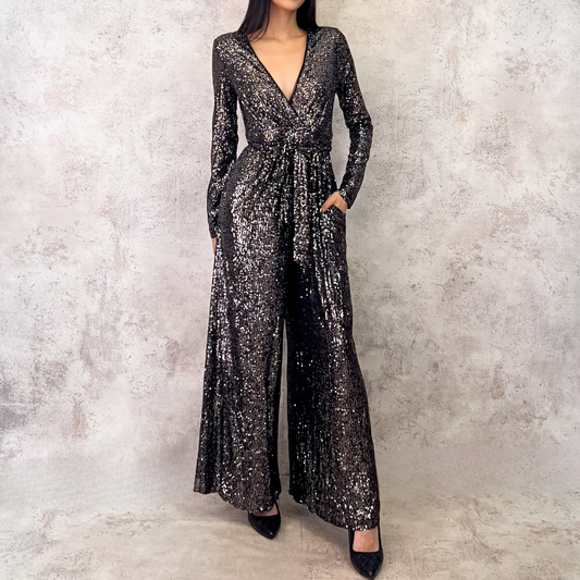 Jumpsuit plateado lentejuelas manga larga