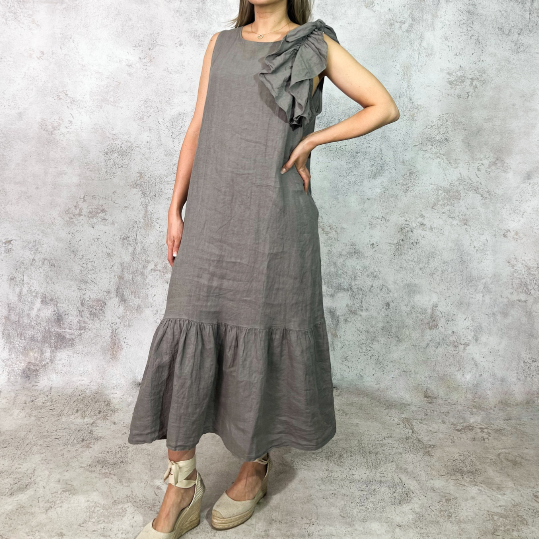 Vestido midi de lino taupe