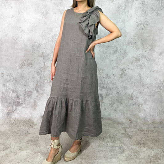 Vestido midi de lino taupe