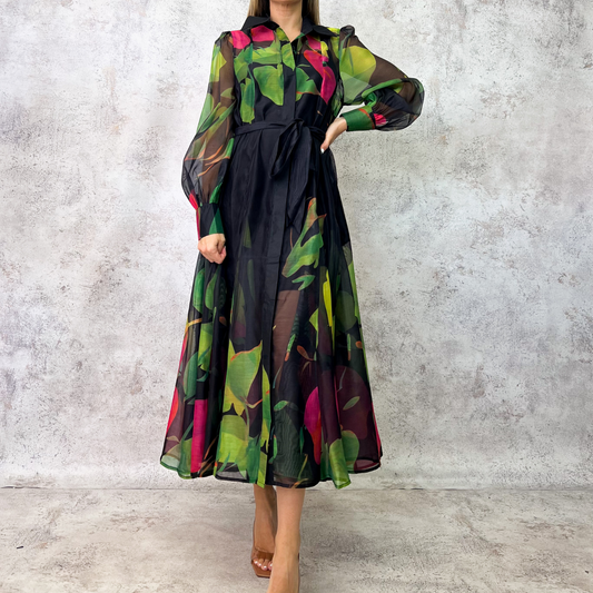 Vestido midi organza con estampado botánico