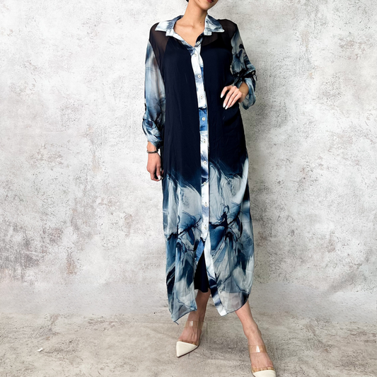 Vestido de seda estampado azul marino