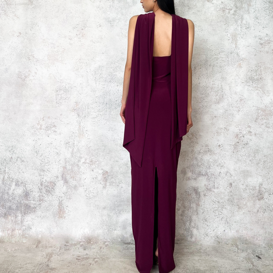 Vestido largo drapeado vino
