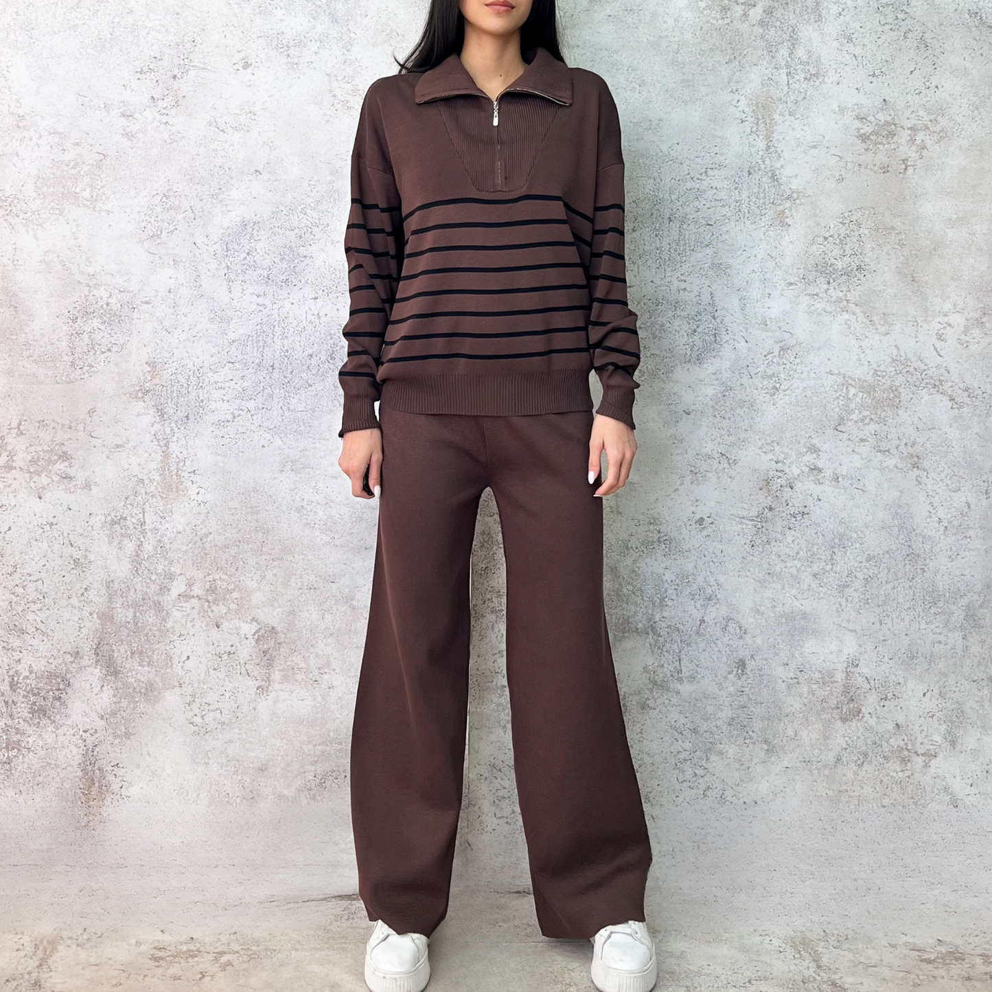 Set tejido cafe rayado