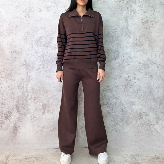 Set tejido cafe rayado