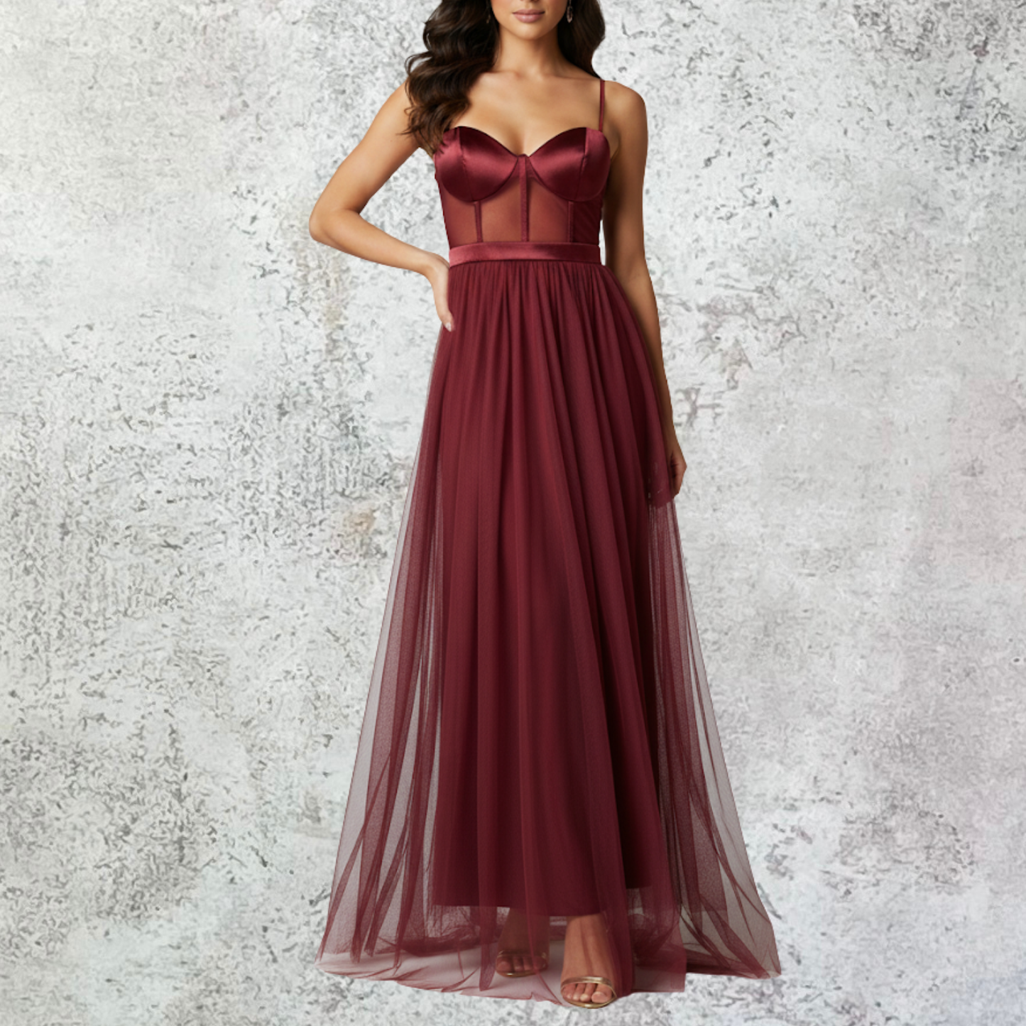 Vestido largo tull corset vino.