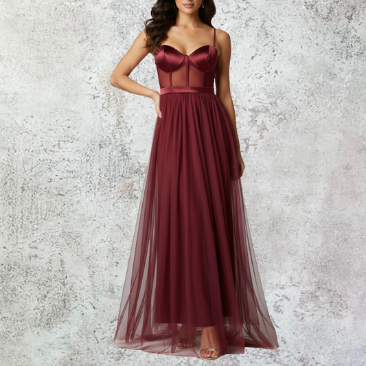 Vestido largo tull corset vino.